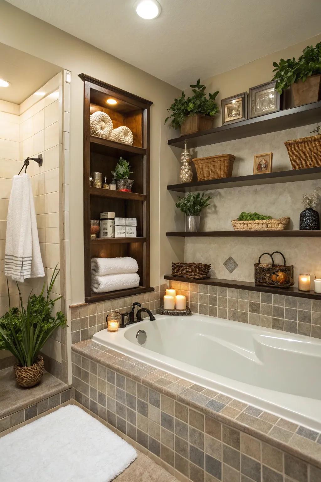 Inset storage introduces refinement and usefulness to your bathtub area.