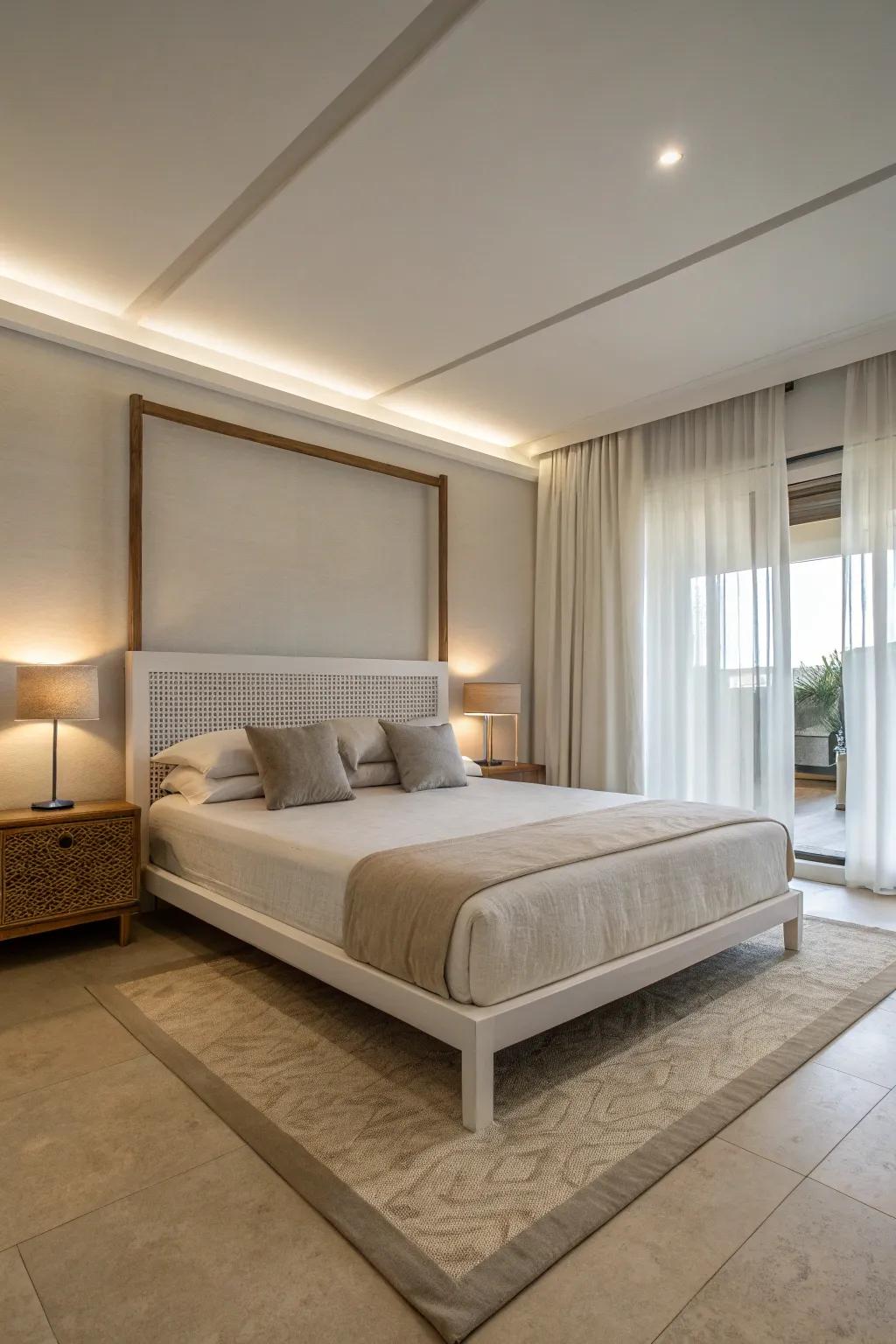 A minimalist bed frame provides a serene and uncluttered aesthetic.