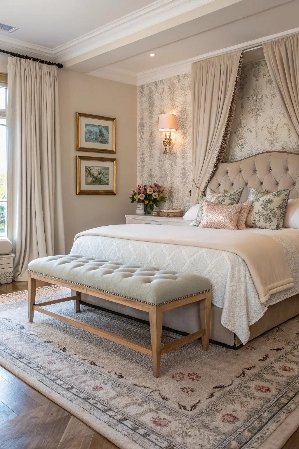 A bench at the foot of the bed gives both style and function.