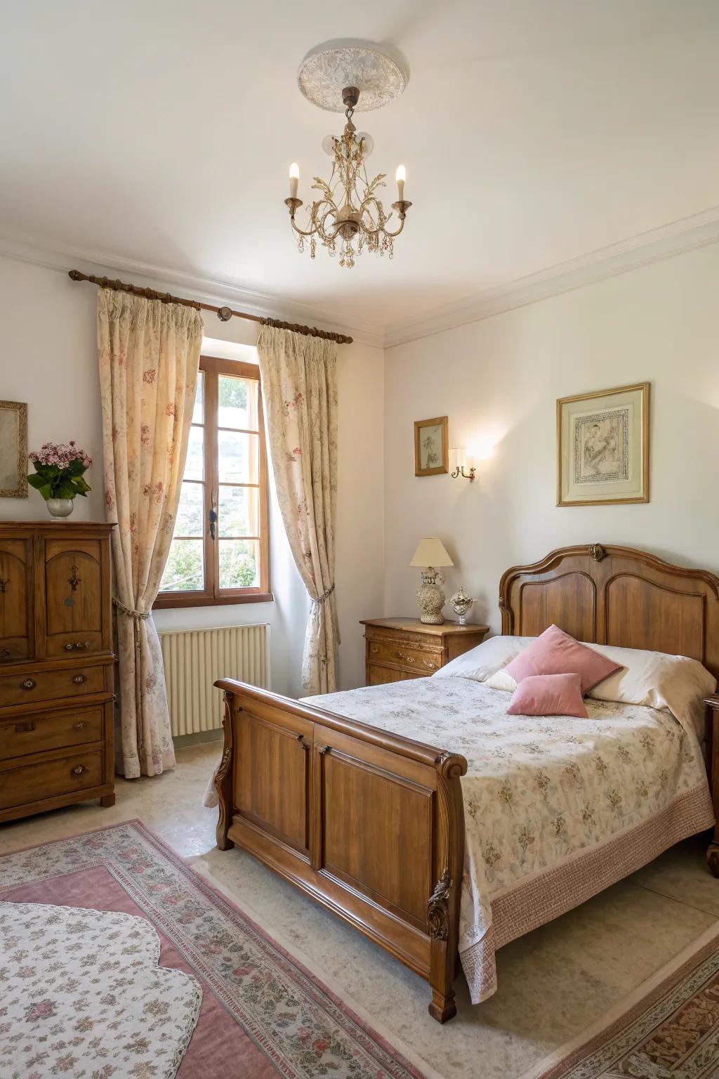 A classic bedroom with warm white walls that offer timeless elegance and comfort.