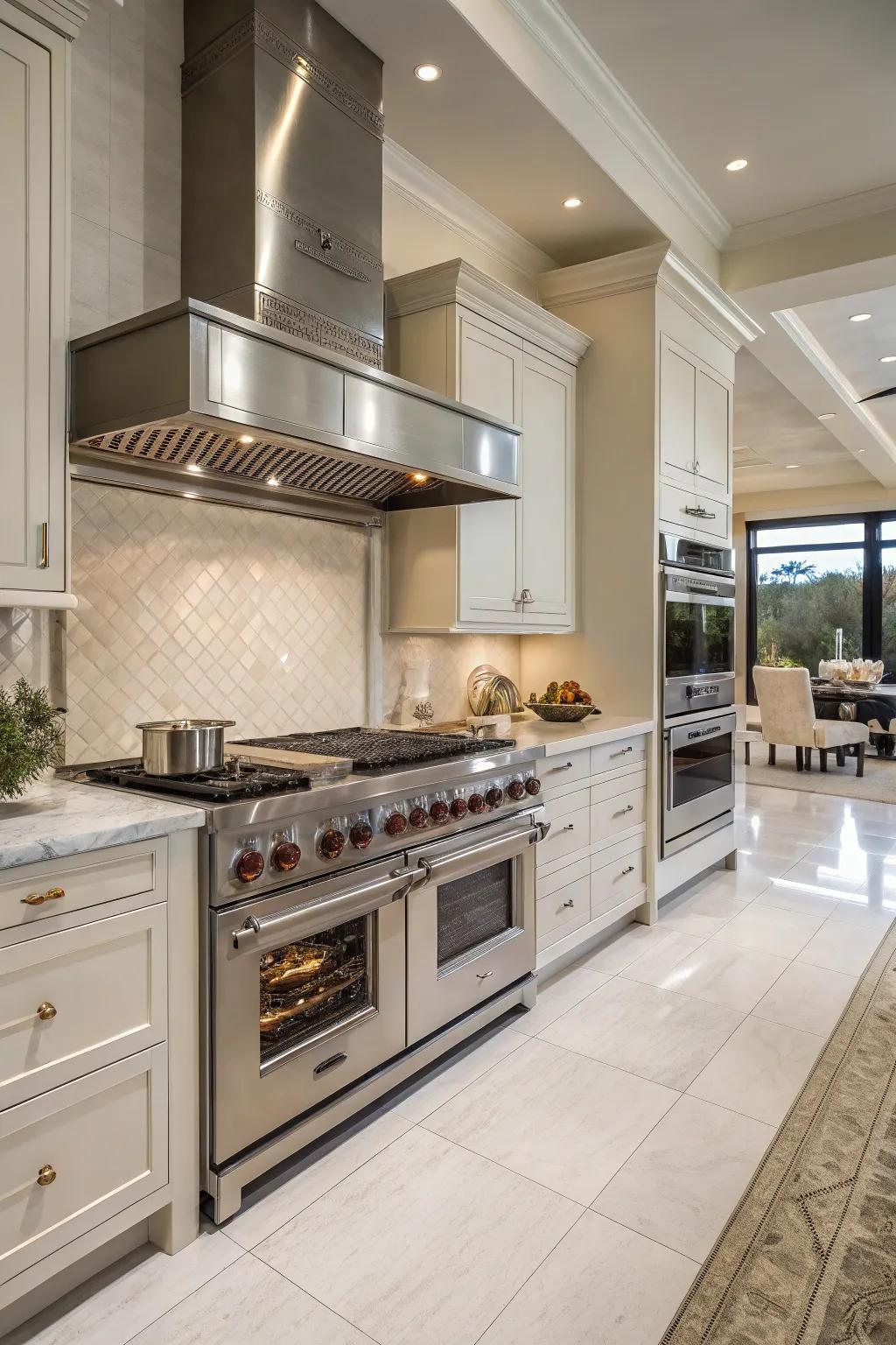 Double appliances enhancing efficiency in a large kitchen.