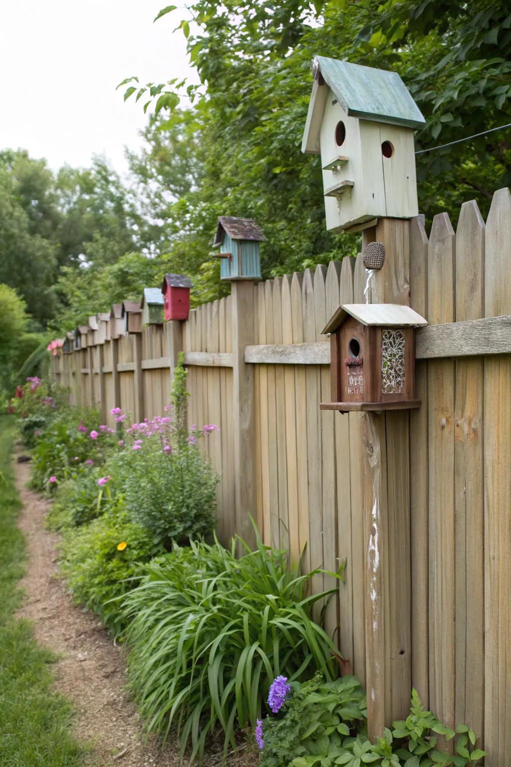 Vertical birdhouse arrangement adds depth and interest to the fence.