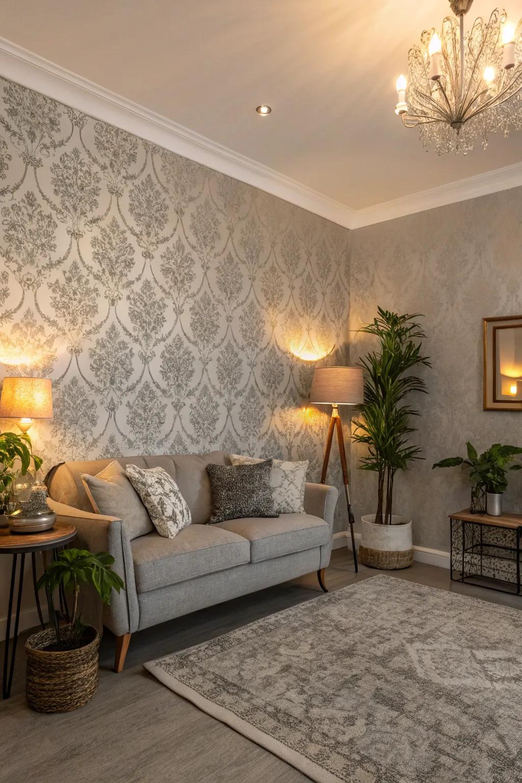 A room adorned with textured grey wallpaper, which enriches depth and warmth.