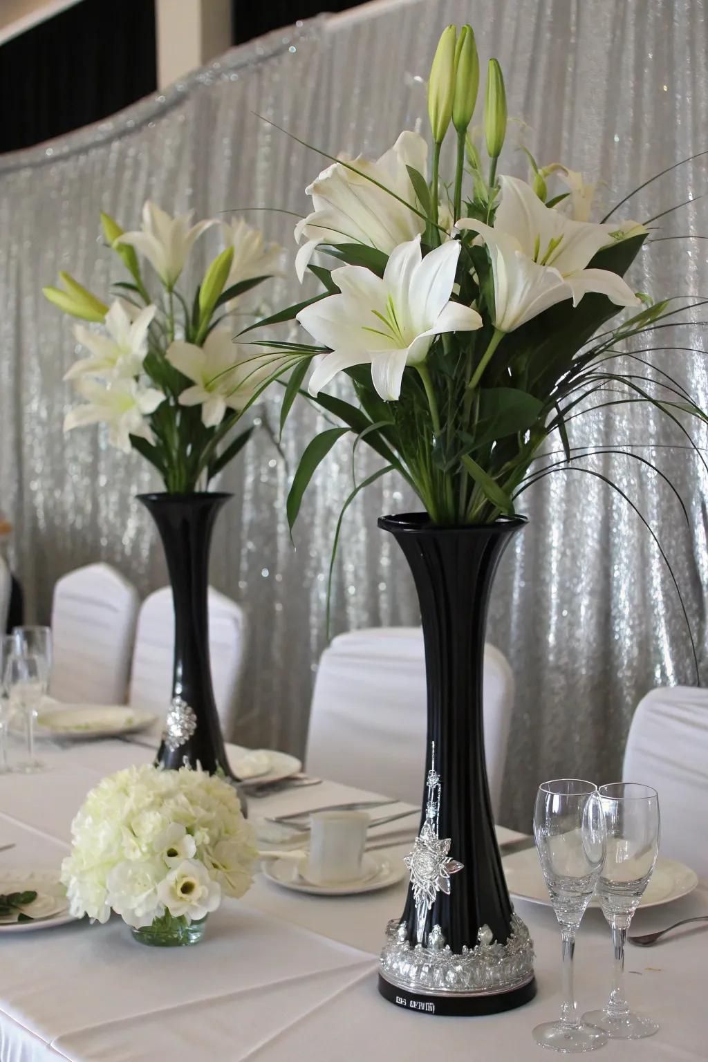 Striking flower setups utilizing ebony and argent components.