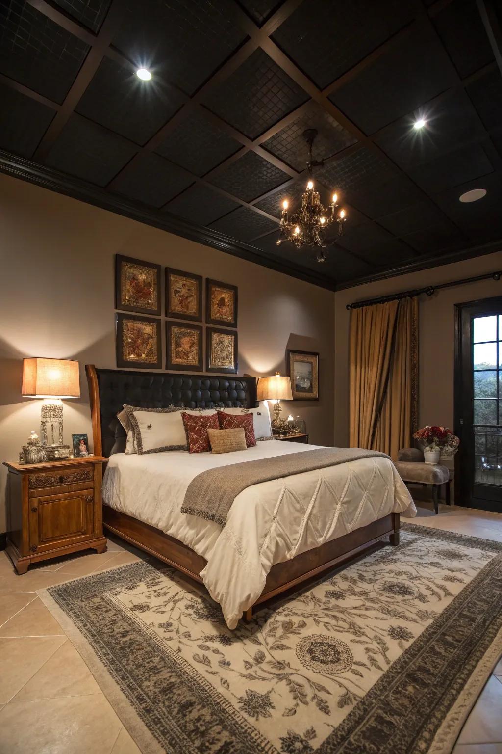 A sophisticated bedroom where a black ceiling adds depth and warmth.