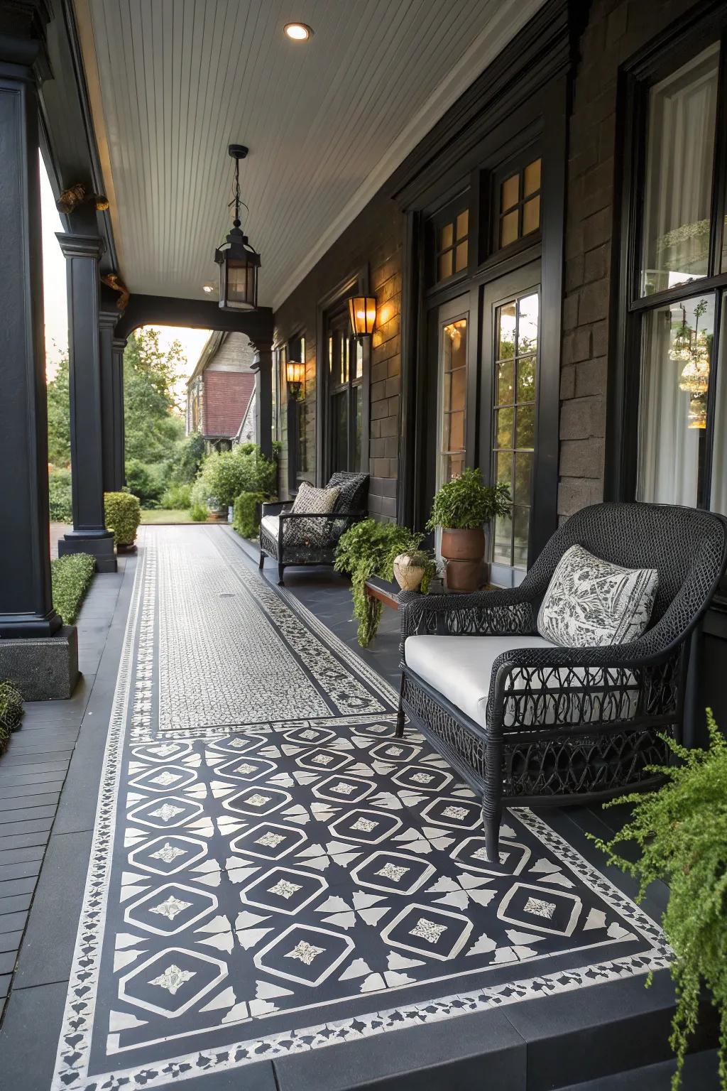 A dark porch displaying sophisticated geometric patterned tiles.