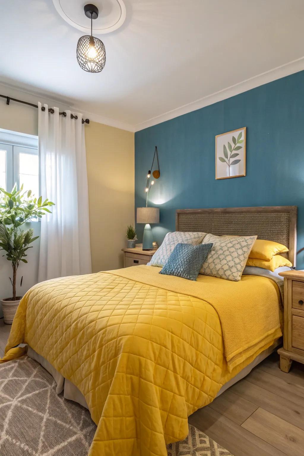 A bedroom showcasing an azure statement wall paired with amber soft furnishings, crafting a peaceful ambiance.