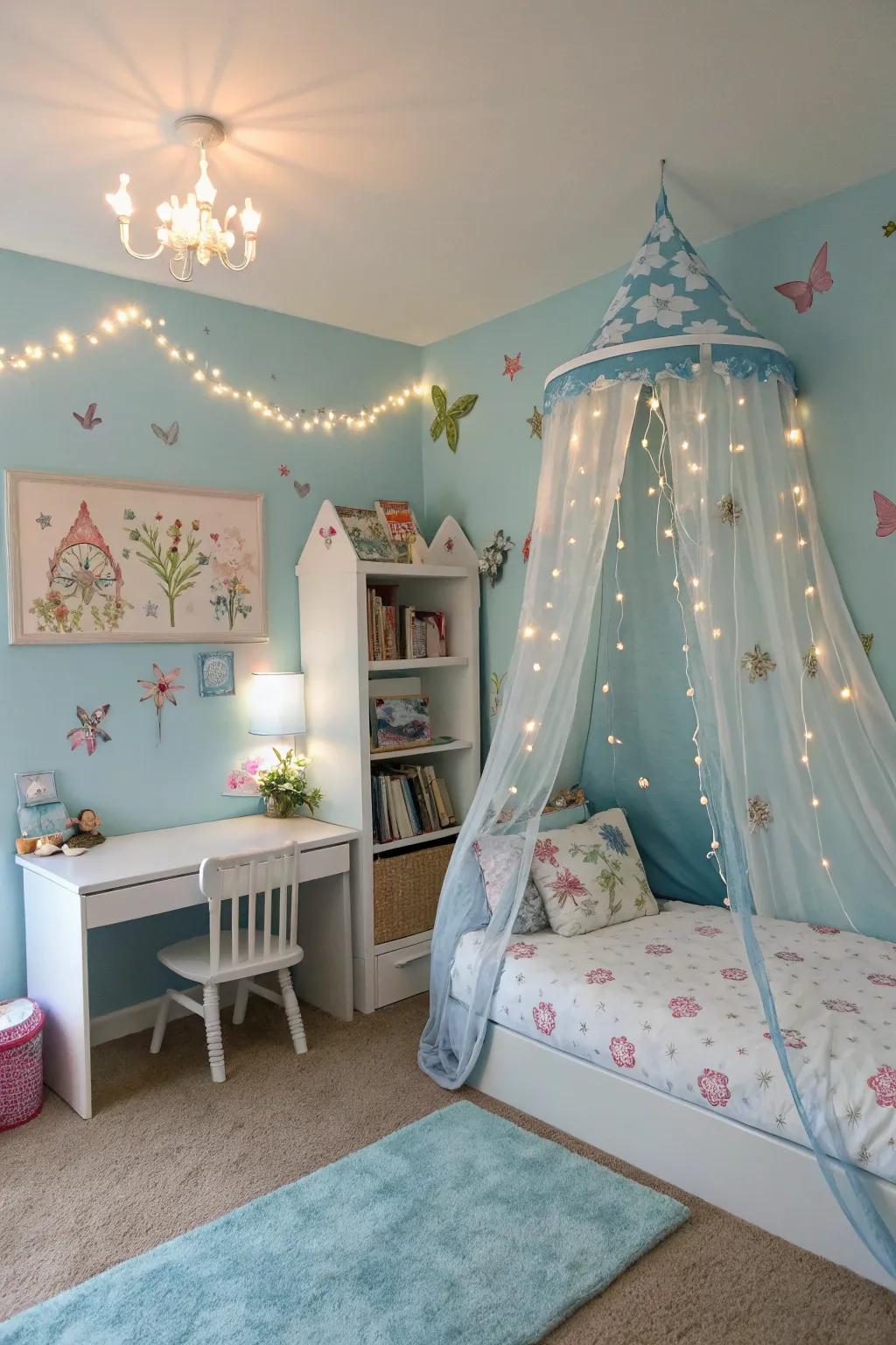 Whimsical themes introduce a magical quality to a blue bedroom.