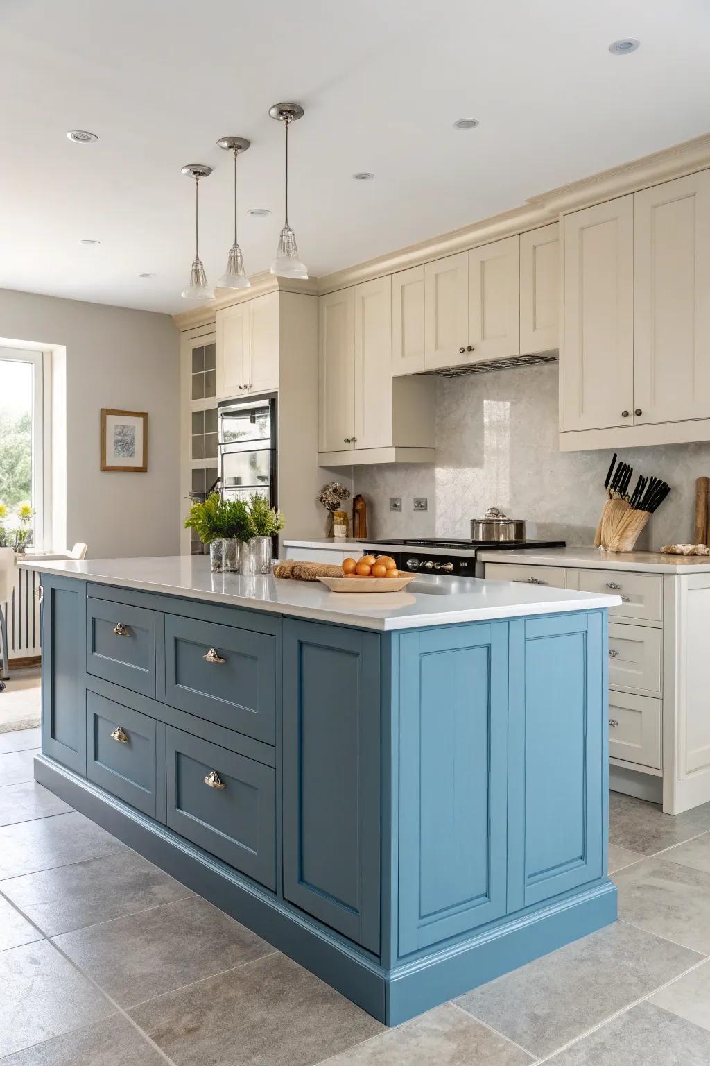 A bold blue island takes center stage in this kitchen.