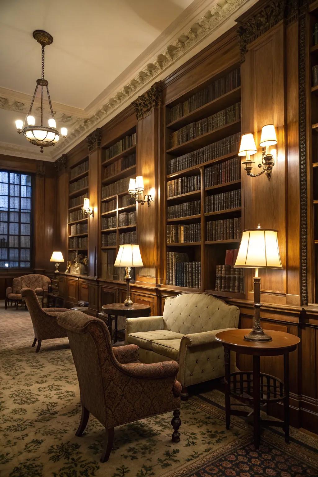 Soft lighting highlights the snug essence of this reading zone.
