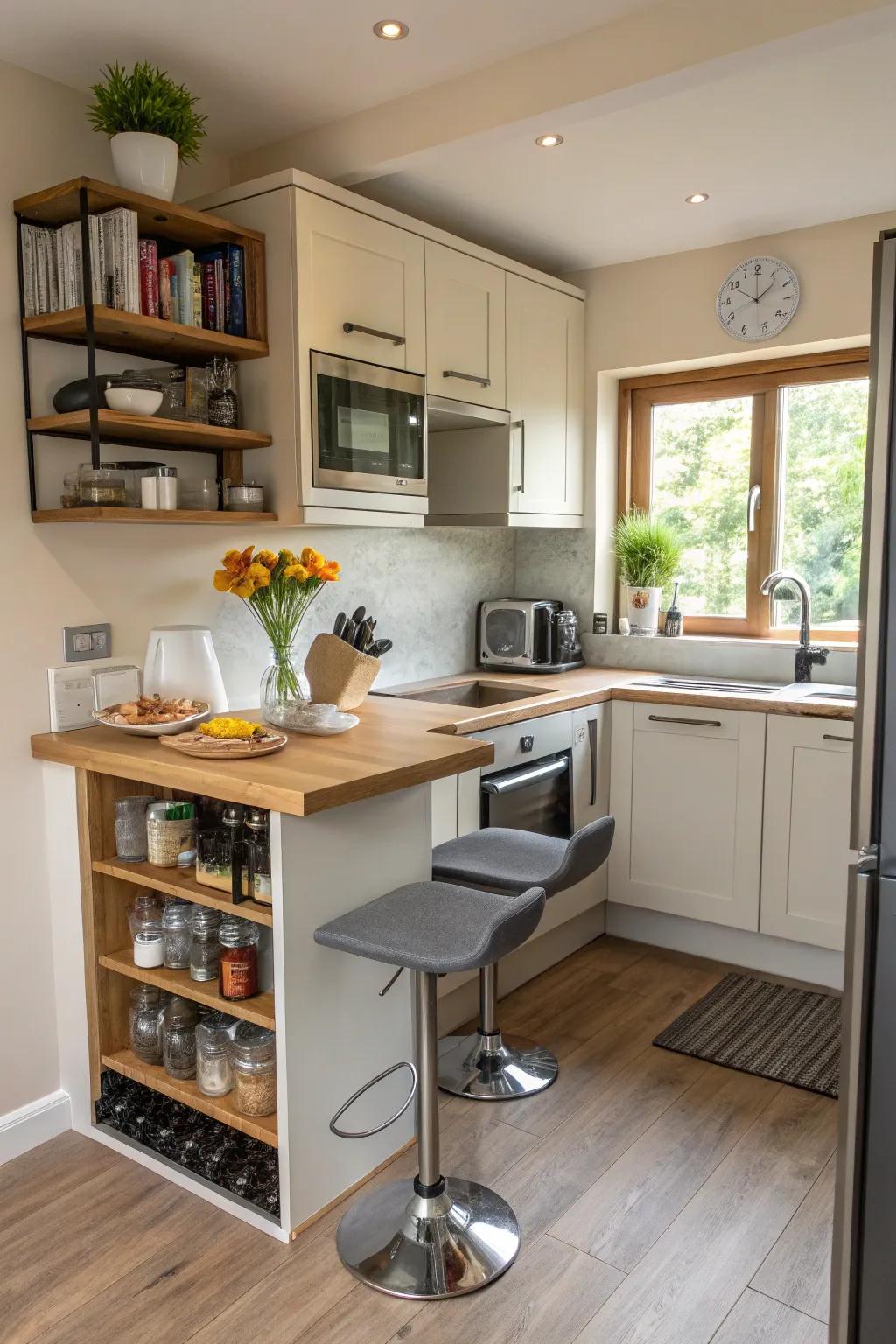 A perfectly integrated breakfast bar in a compact kitchen layout.