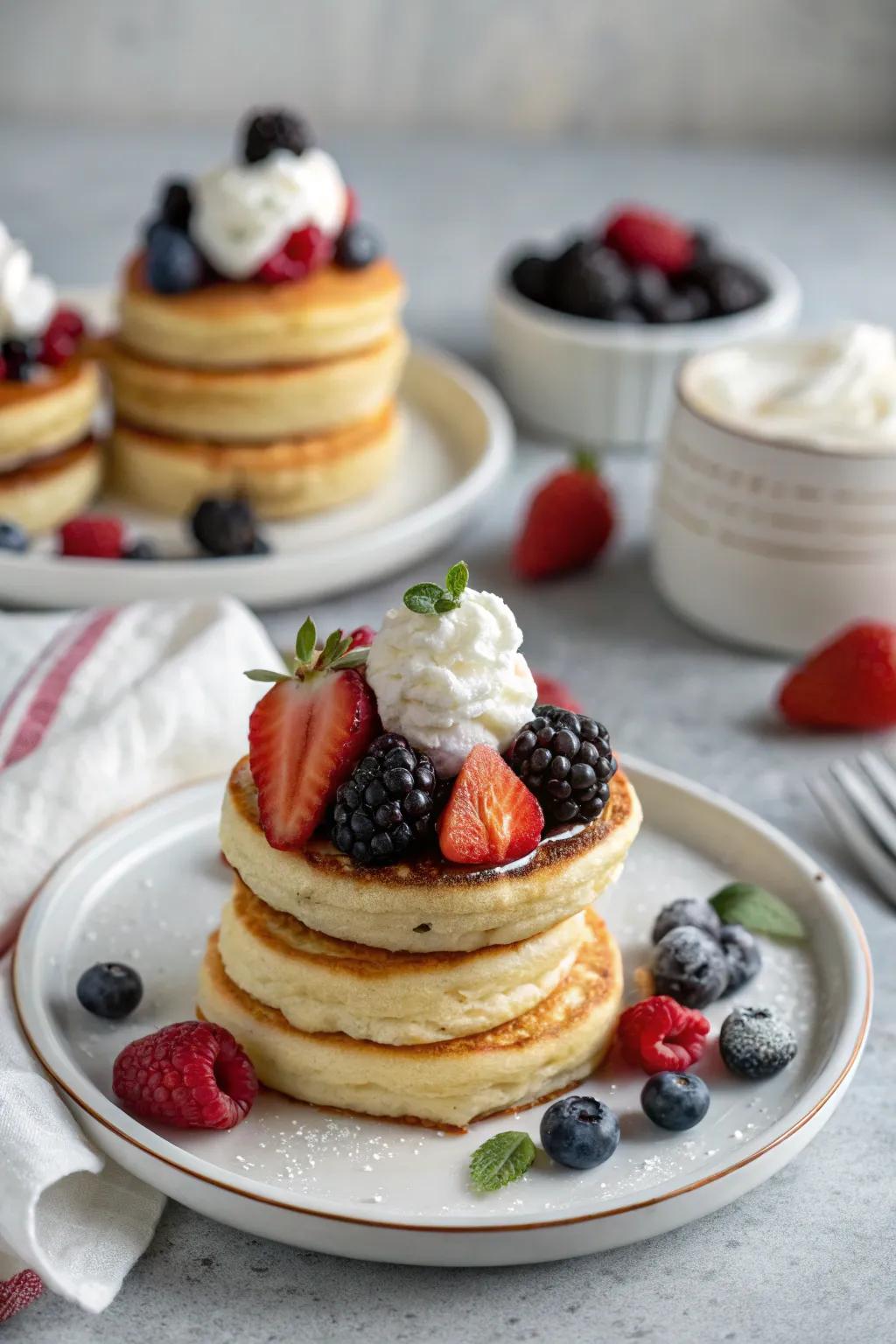 Sweet mini pancake stacks with berries and cream.