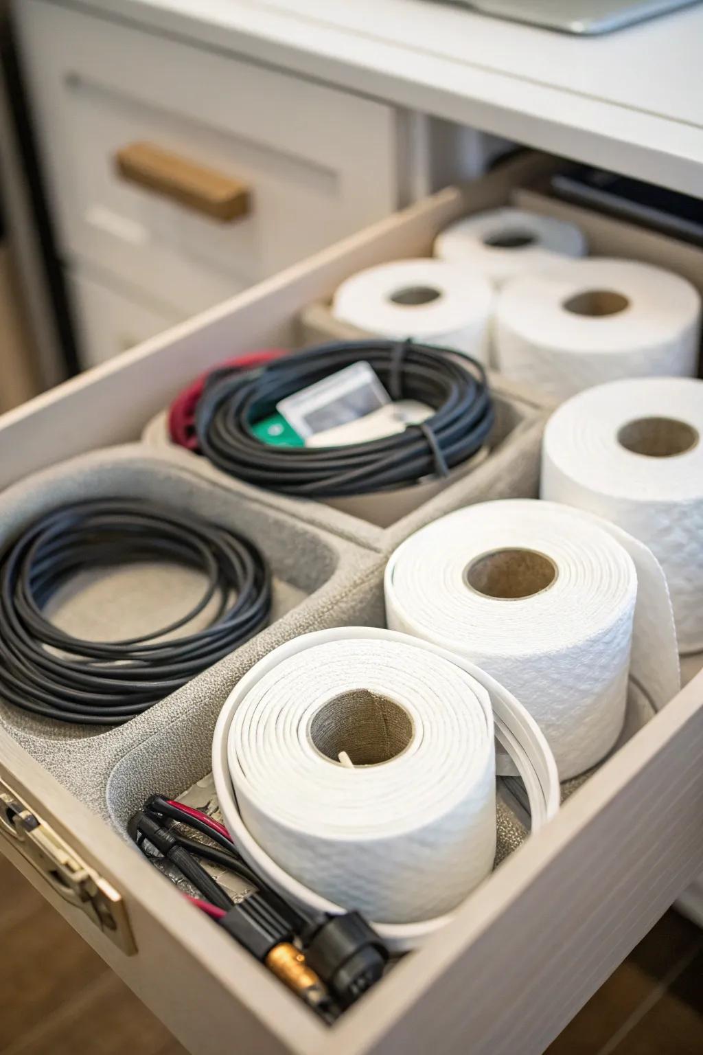 Cardboard rolls used as imaginative cable organizers.