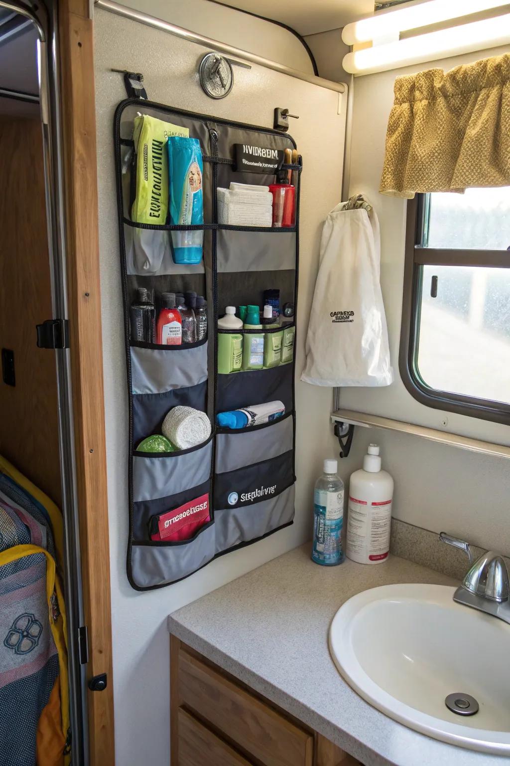 Over-the-door organizer utilizing unused space in a camper bathroom.
