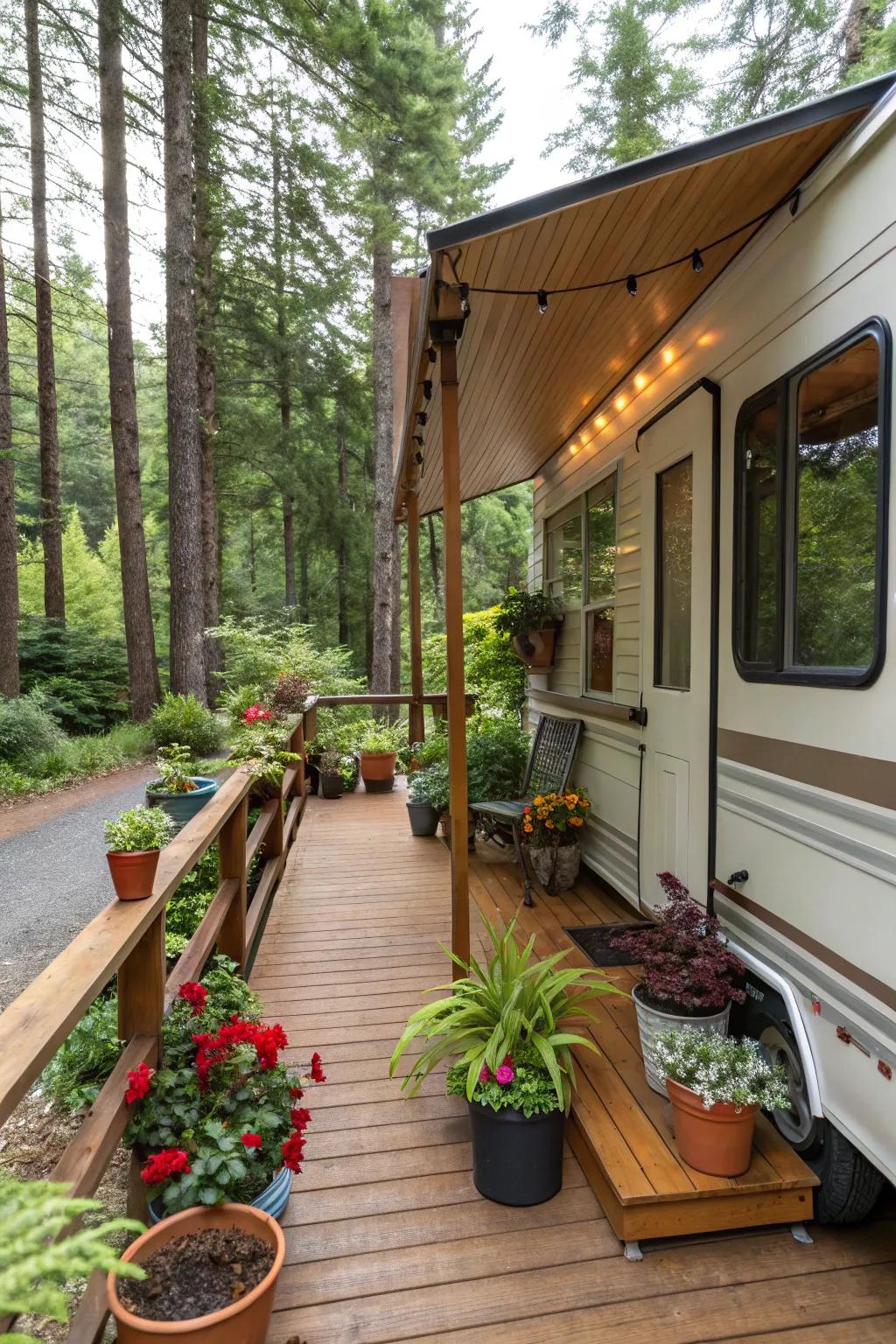 Nature-inspired decor bringing life to a camper porch.