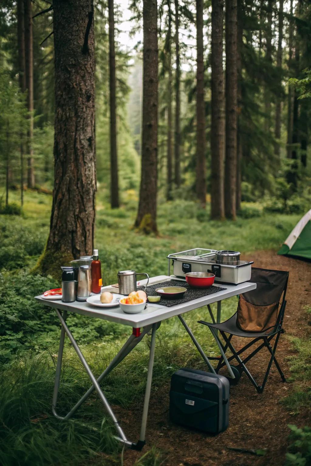 A collapsible table works both as a space for preparation and a dining spot.