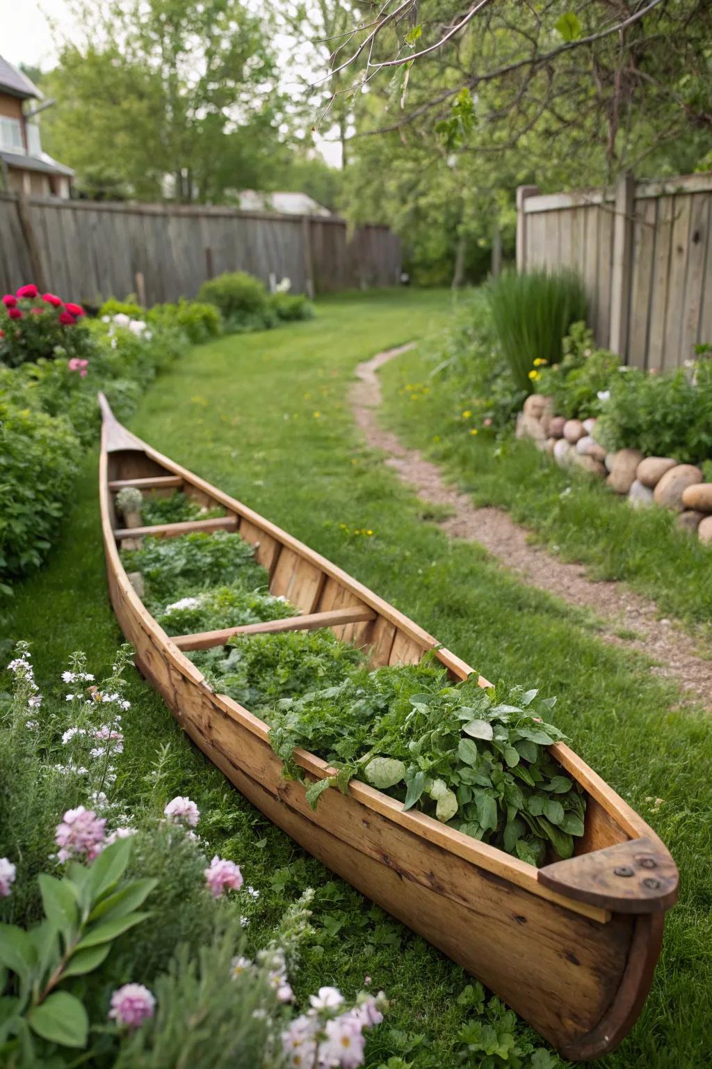 A wooden canoe planter exudes rustic charm in a garden.