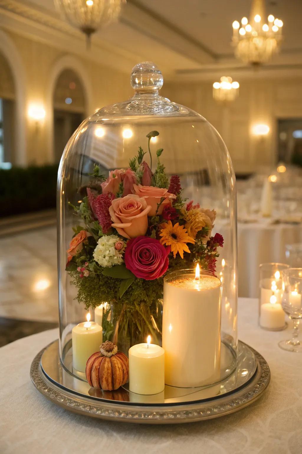 Elegant glass cloche centerpiece with delicate florals.