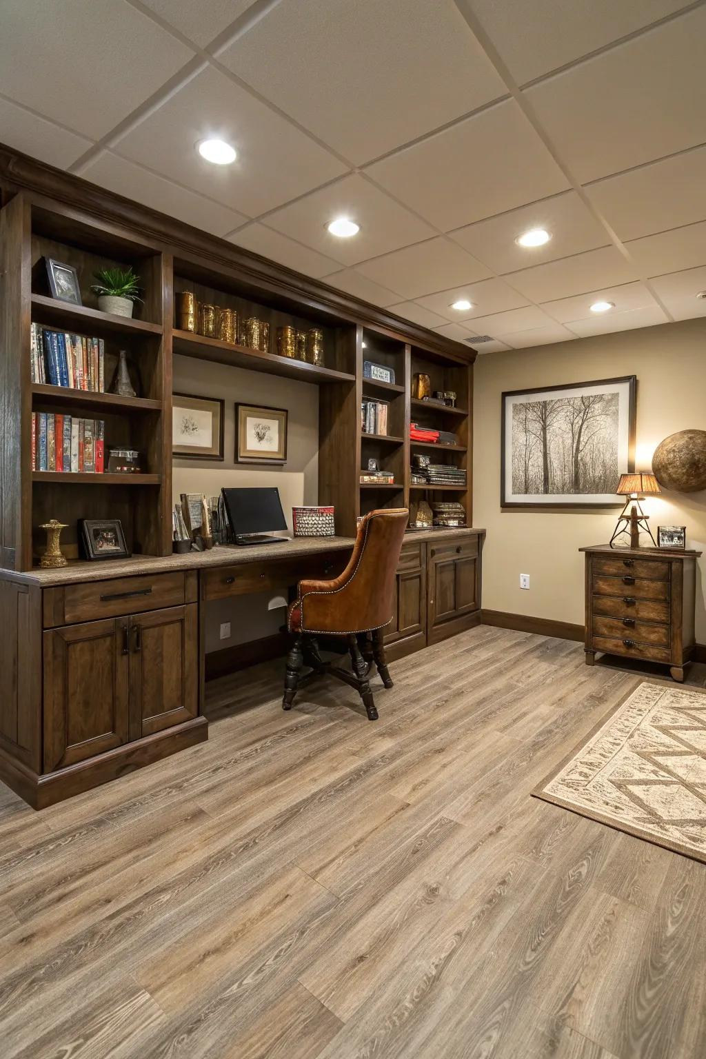 Composite flooring imparts a dash of contemporary elegance to basement environments.