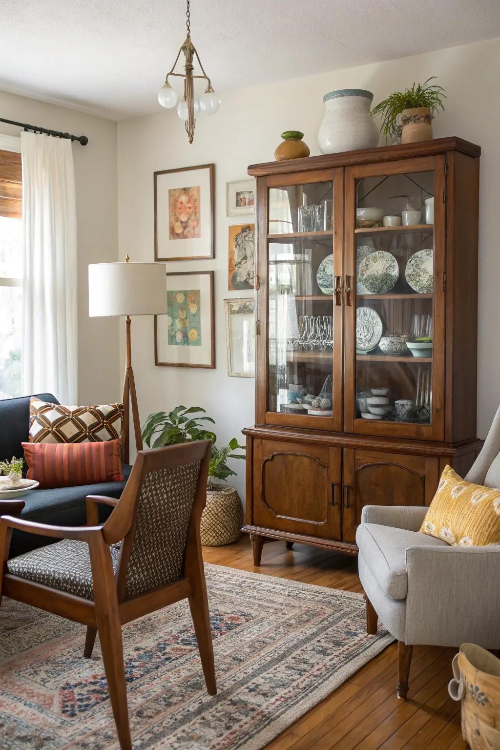 An eclectic living room featuring a display case as its central attraction.