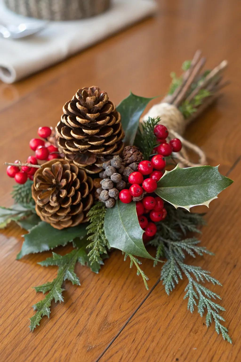 A nature-inspired Christmas corsage with pinecones and berries.