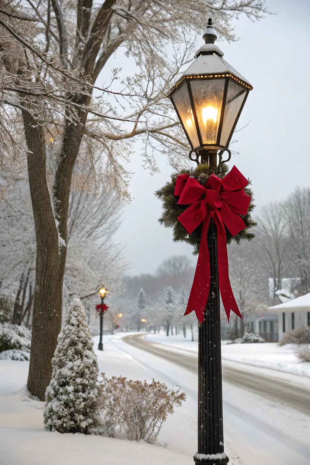 A classic red bow introduces festive refinement to a lamp post.
