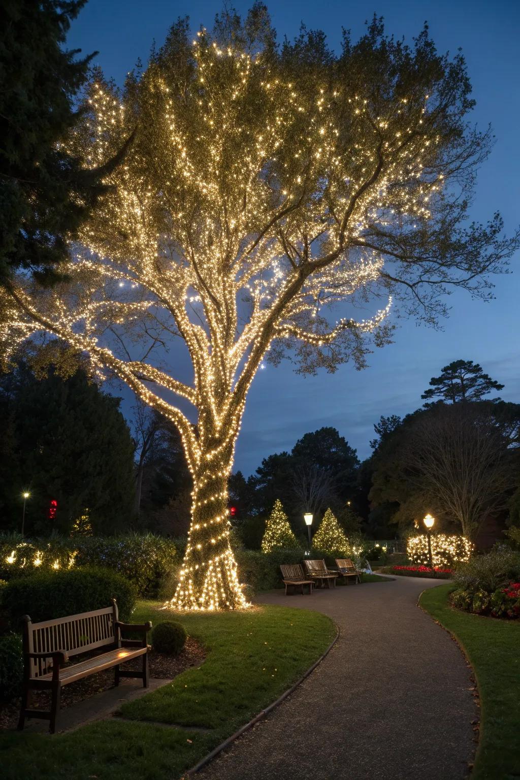 A large tree wrapped in twinkling lights, creating a magical atmosphere.