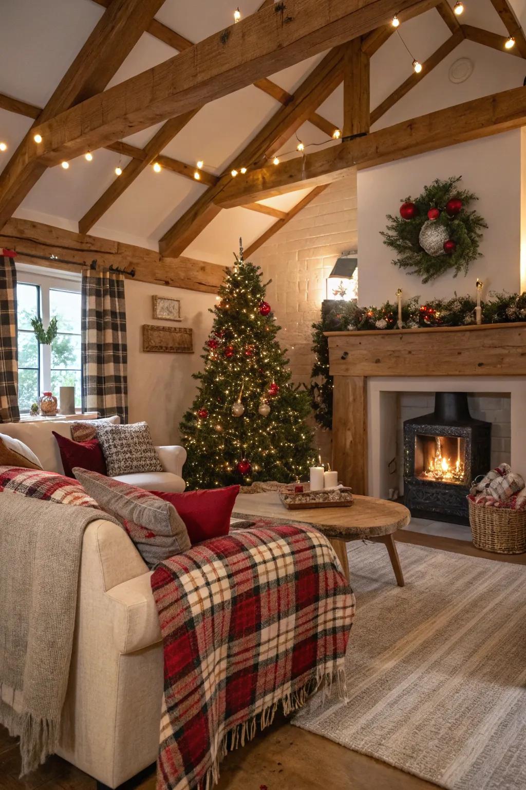 Rustic cabin charm with cozy Christmas decor.