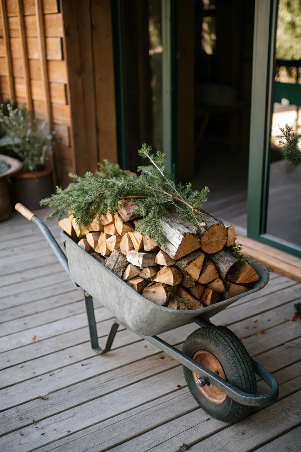 A rustic arrangement with firewood and greenery in a wheelbarrow.