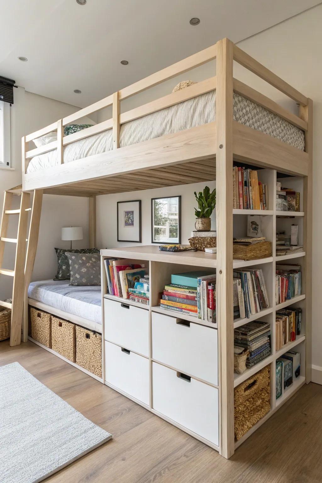 Maximize space with clever storage solutions beneath your high-rise bed.