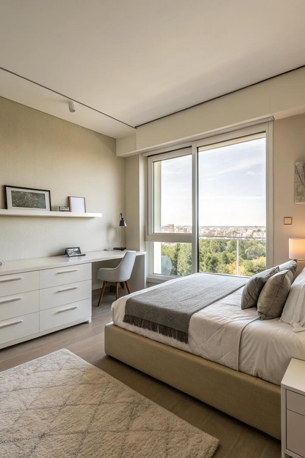 Minimalist design offers a serene and spacious bedroom retreat.