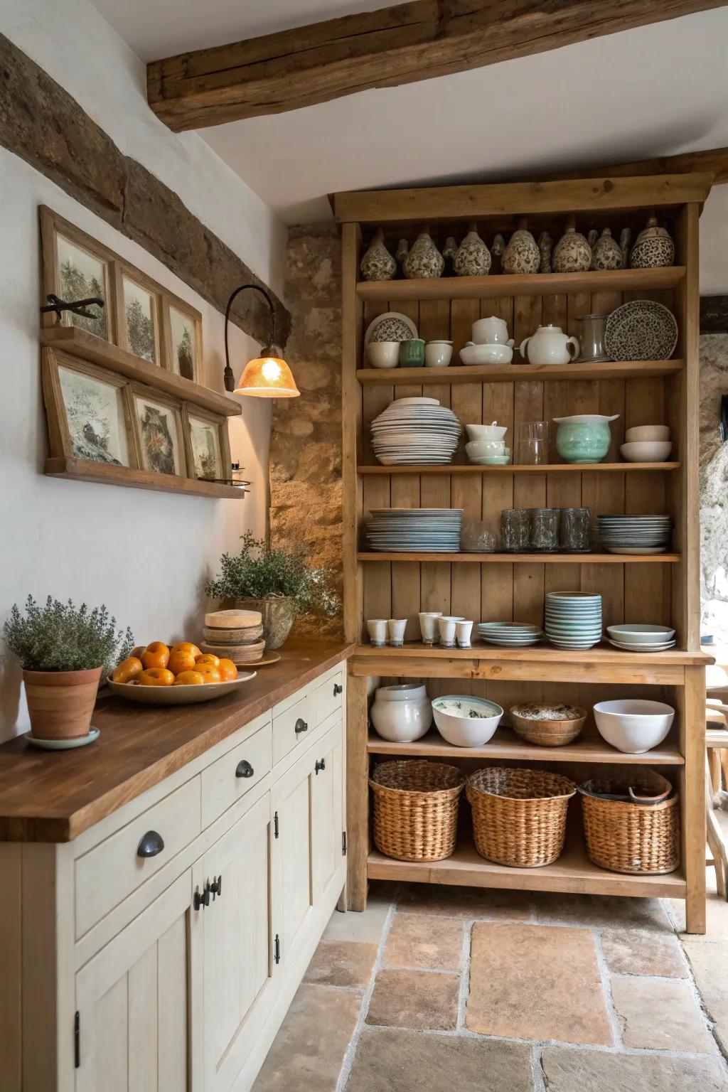 Open shelves displaying attractive dishware in a country kitchen.