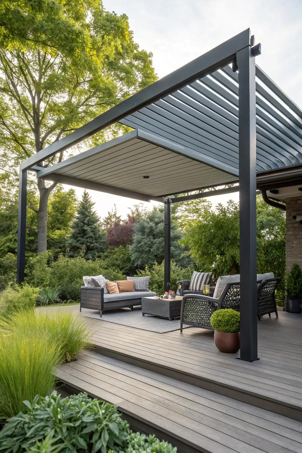 Louvered roofs offer flexible shade options alongside unique architectural aesthetics.
