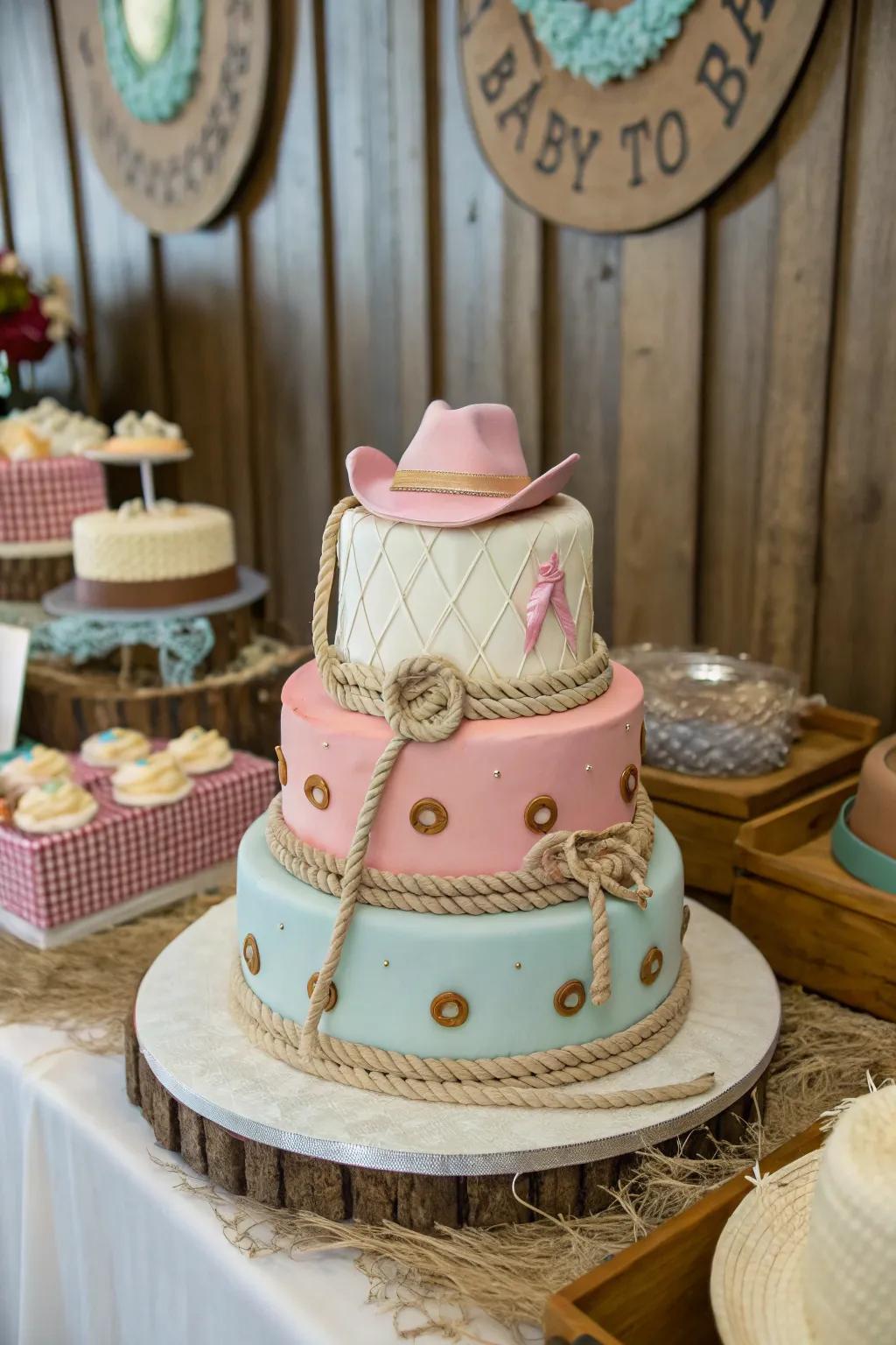 Western-themed trinkets bring an enchanting detail to this baby shower cake, celebrating the spirit of the West.