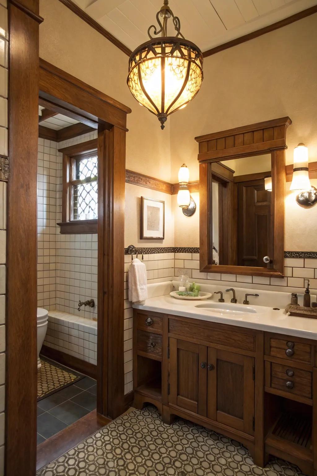 Vintage-style lighting fixtures illuminating the craftsman bathroom.