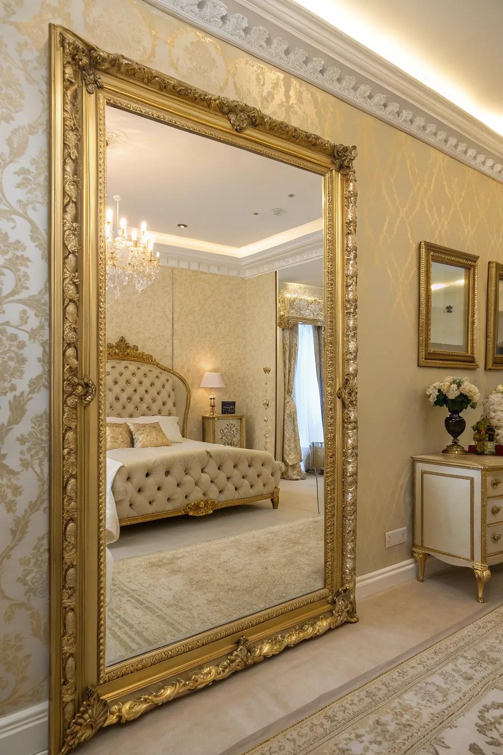 Mirrors with gold frames impart dimension and sophistication to the setting.