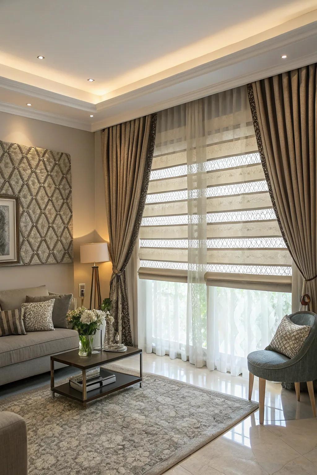 Combined window coverings add texture and sophistication to your space.