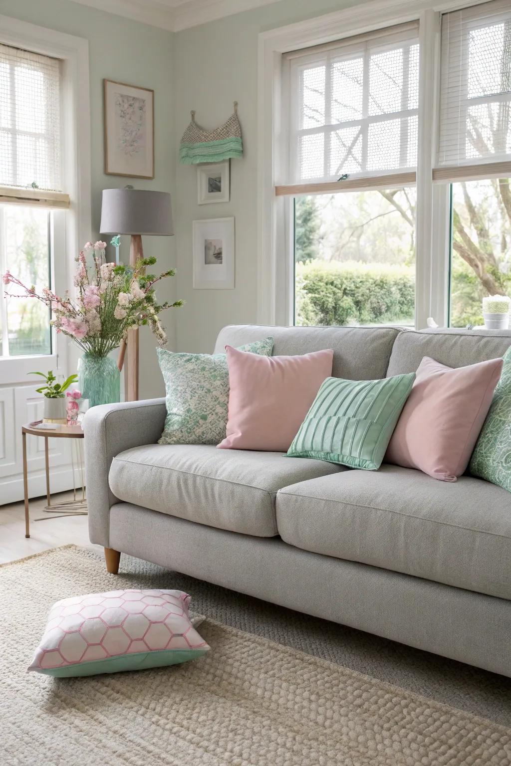 Pastel pillows deliver a calming and subdued ambiance to a charcoal sofa.