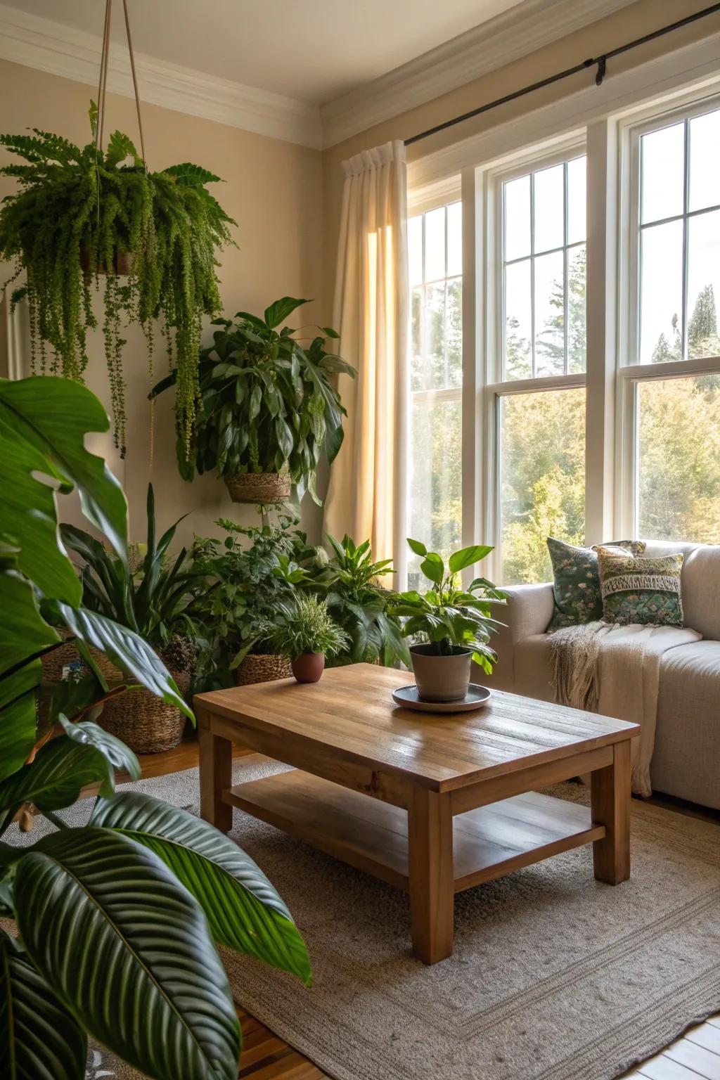 Natural elements like plants and wood bring life to your living room.