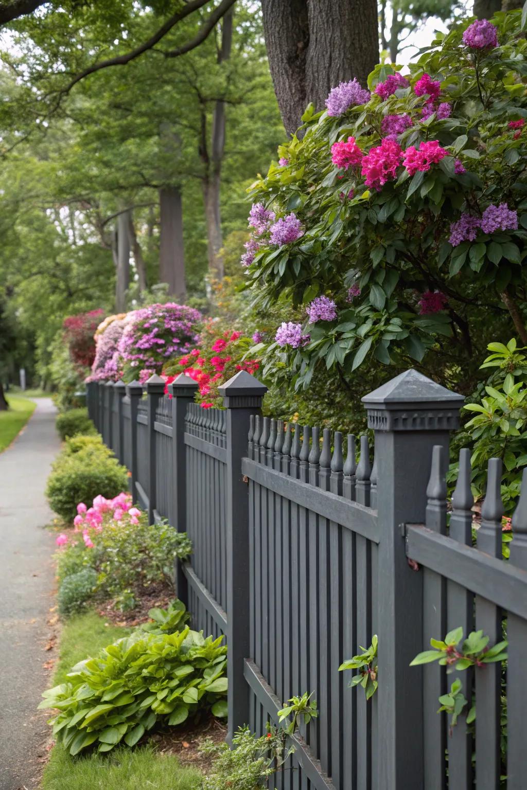 Bright flowers and lush greenery stand out against a deep charcoal barrier.