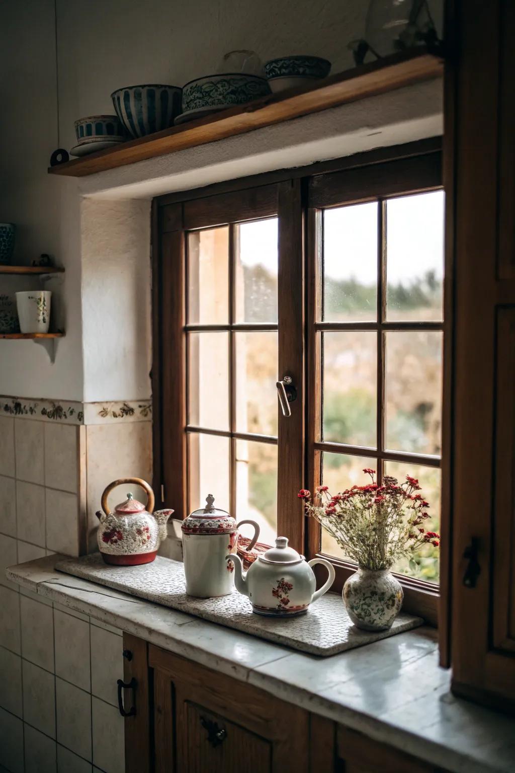A window display shelf magnificently showcasing vintage teapots.