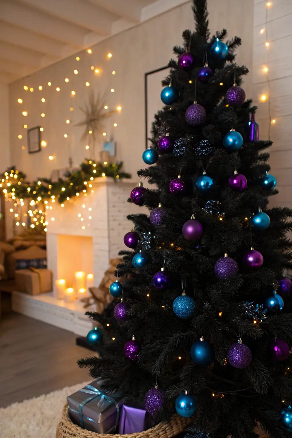 A fearless ebony Christmas tree showcasing vibrant ornaments.