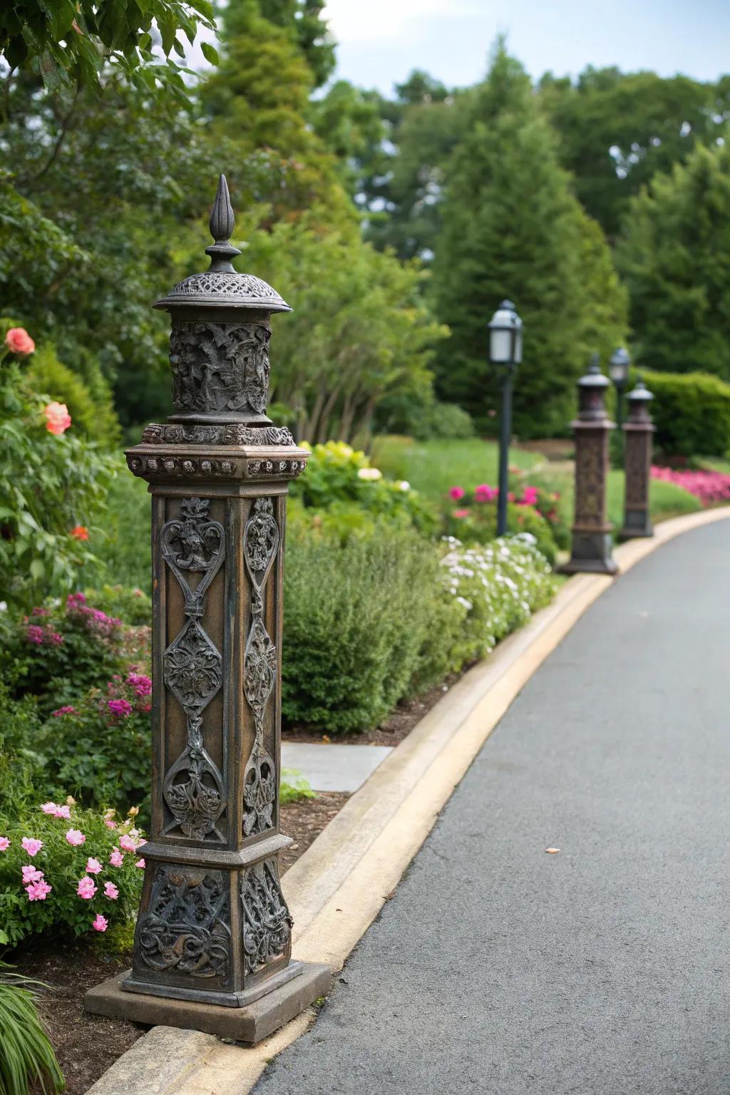 Ornate metal posts bring elegance to any driveway.