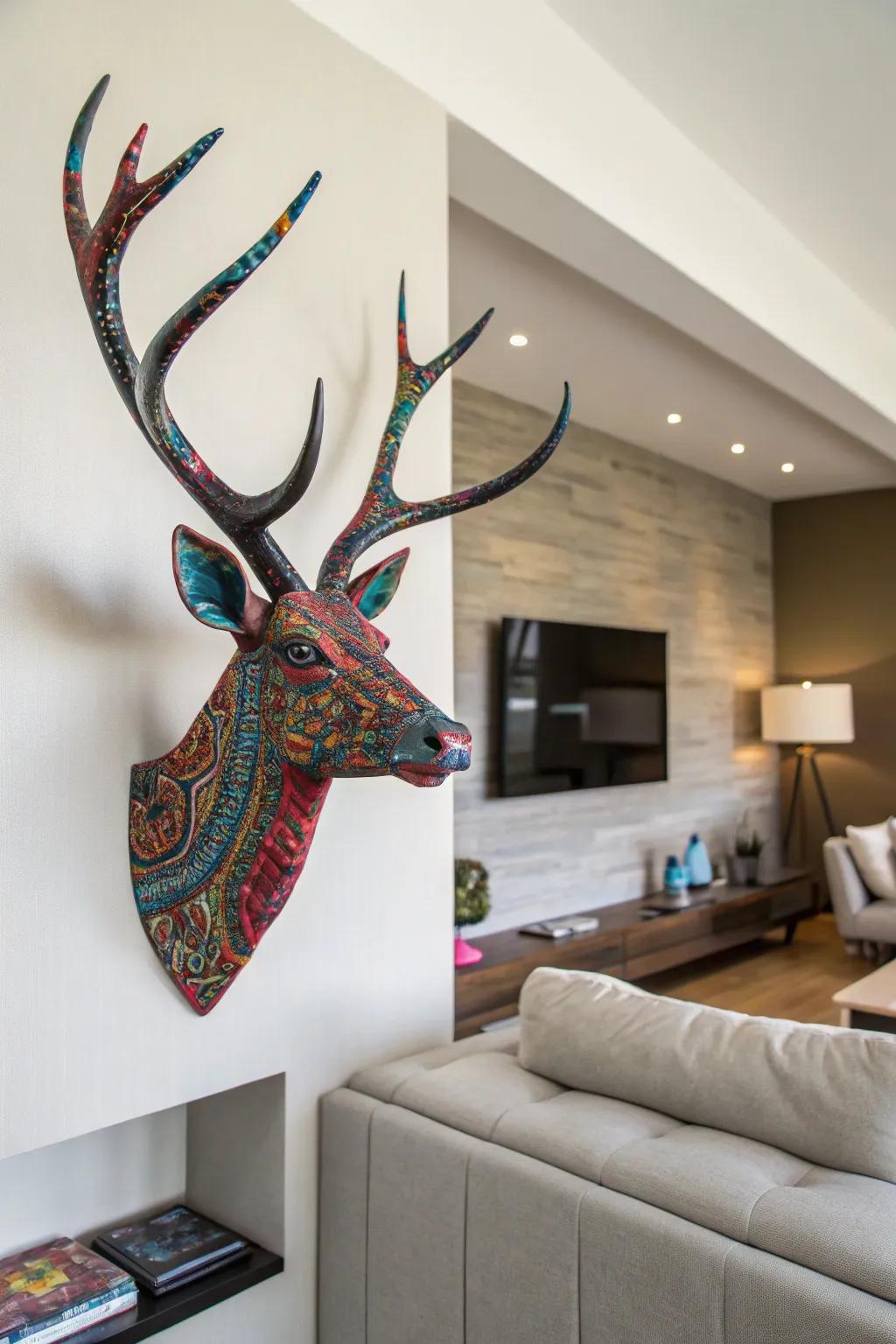 Deer antlers boasting vibrant hydro dipped patterns become a compelling feature in a modern living space.