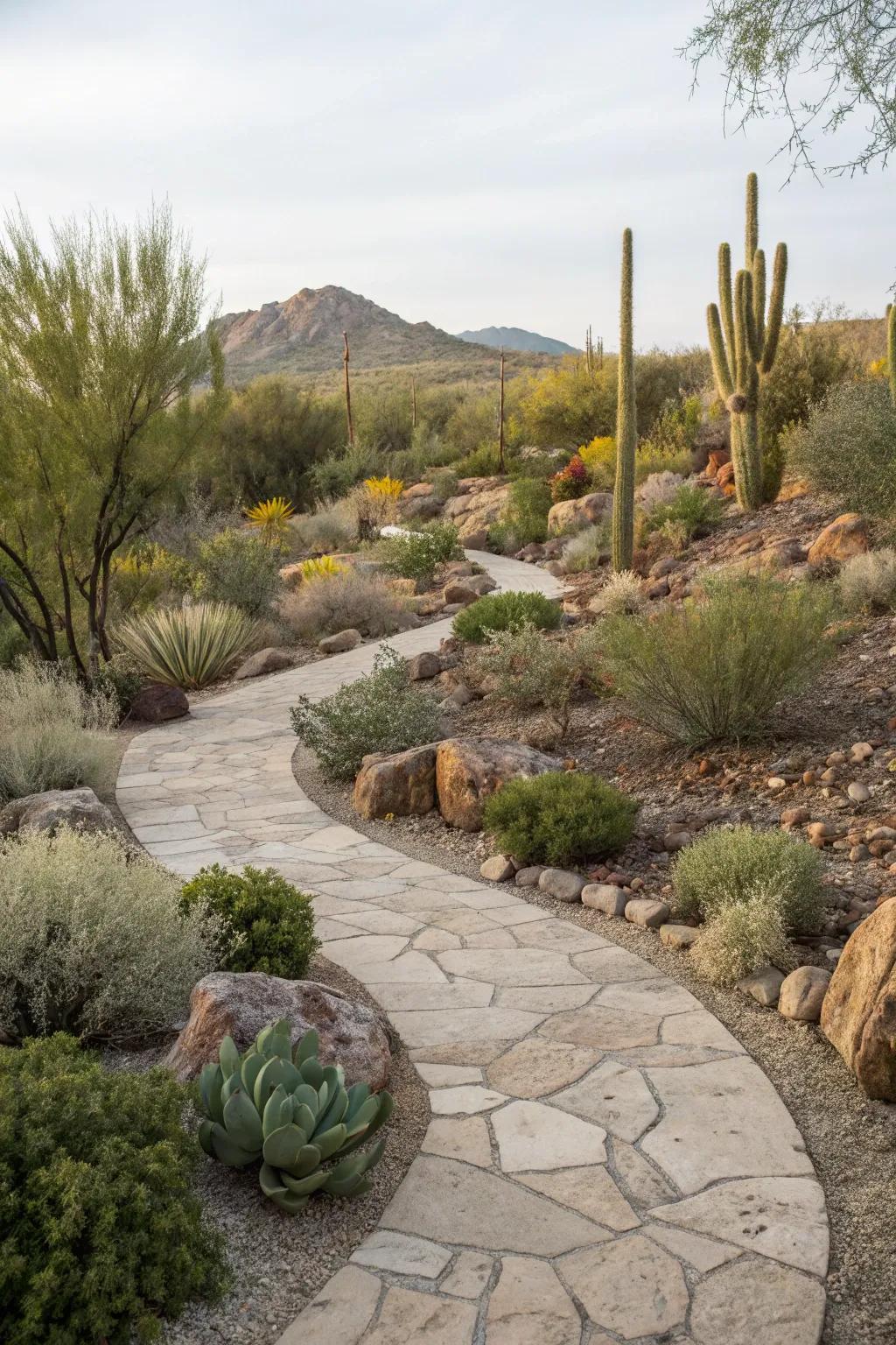 A natural stone walkway winding through a flourishing desert landscape.