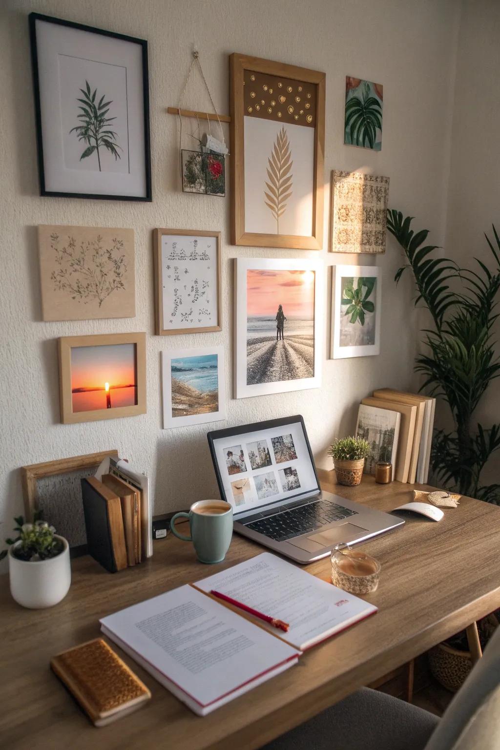 Art and inspirational quotes elevating the desk's visual appeal.