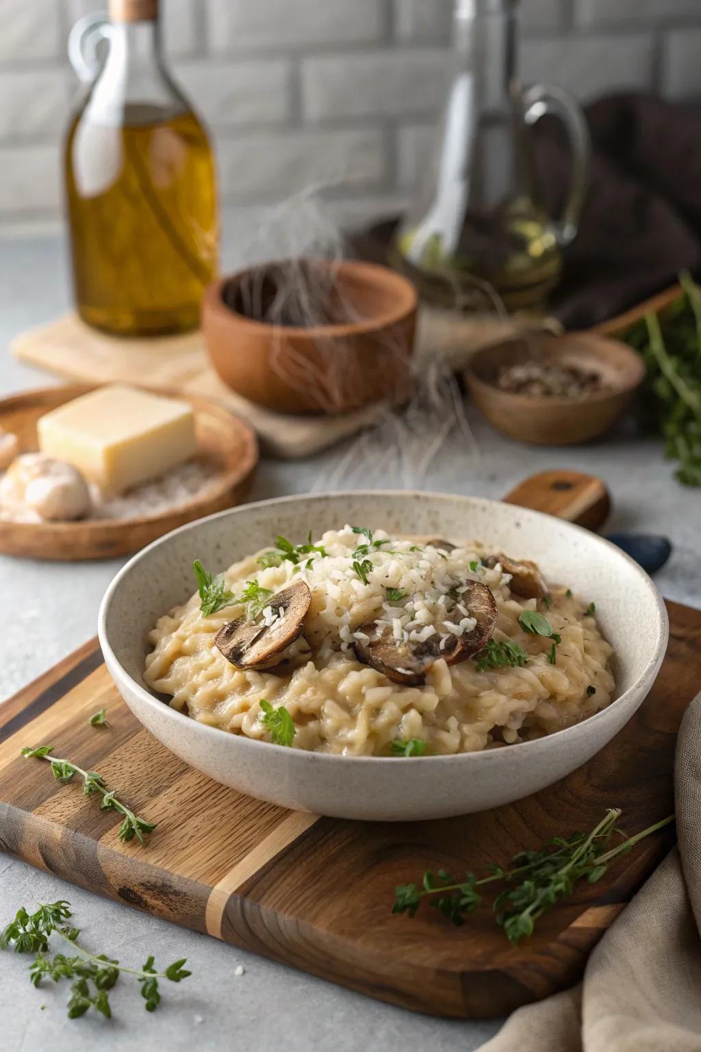A creamy bowl of mushroom risotto adorned with Parmesan, a comforting delight.
