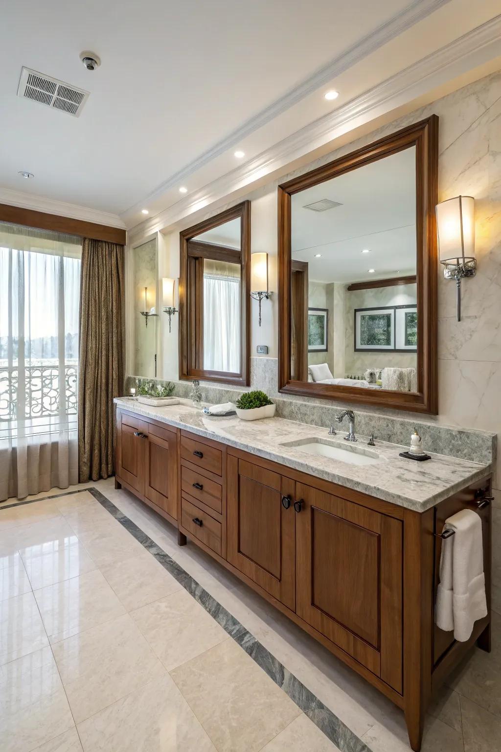 Elegant materials such as marble and wood enhance this bathroom.