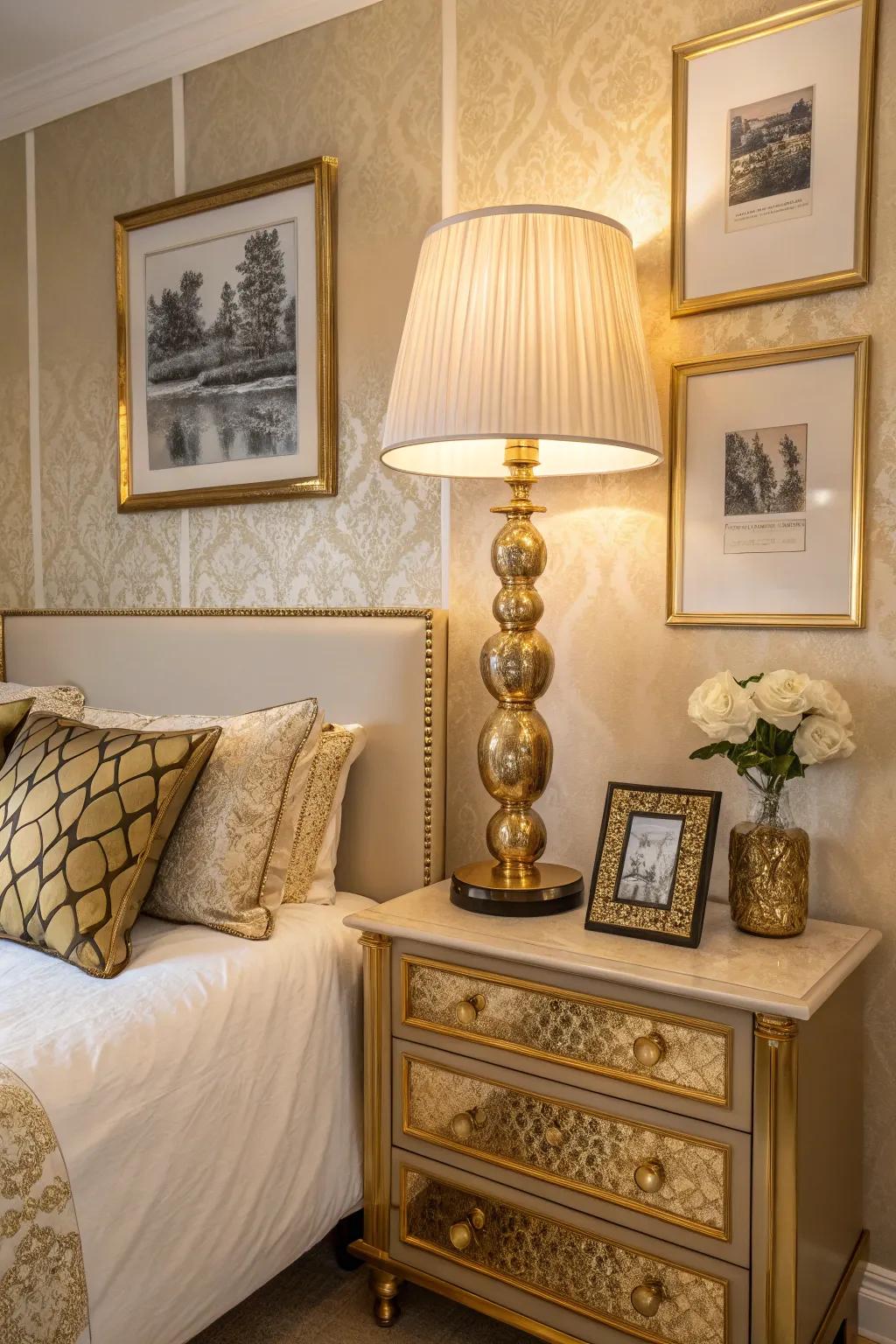 In this striking bedroom scene, golden highlights incorporate an element of luxury.