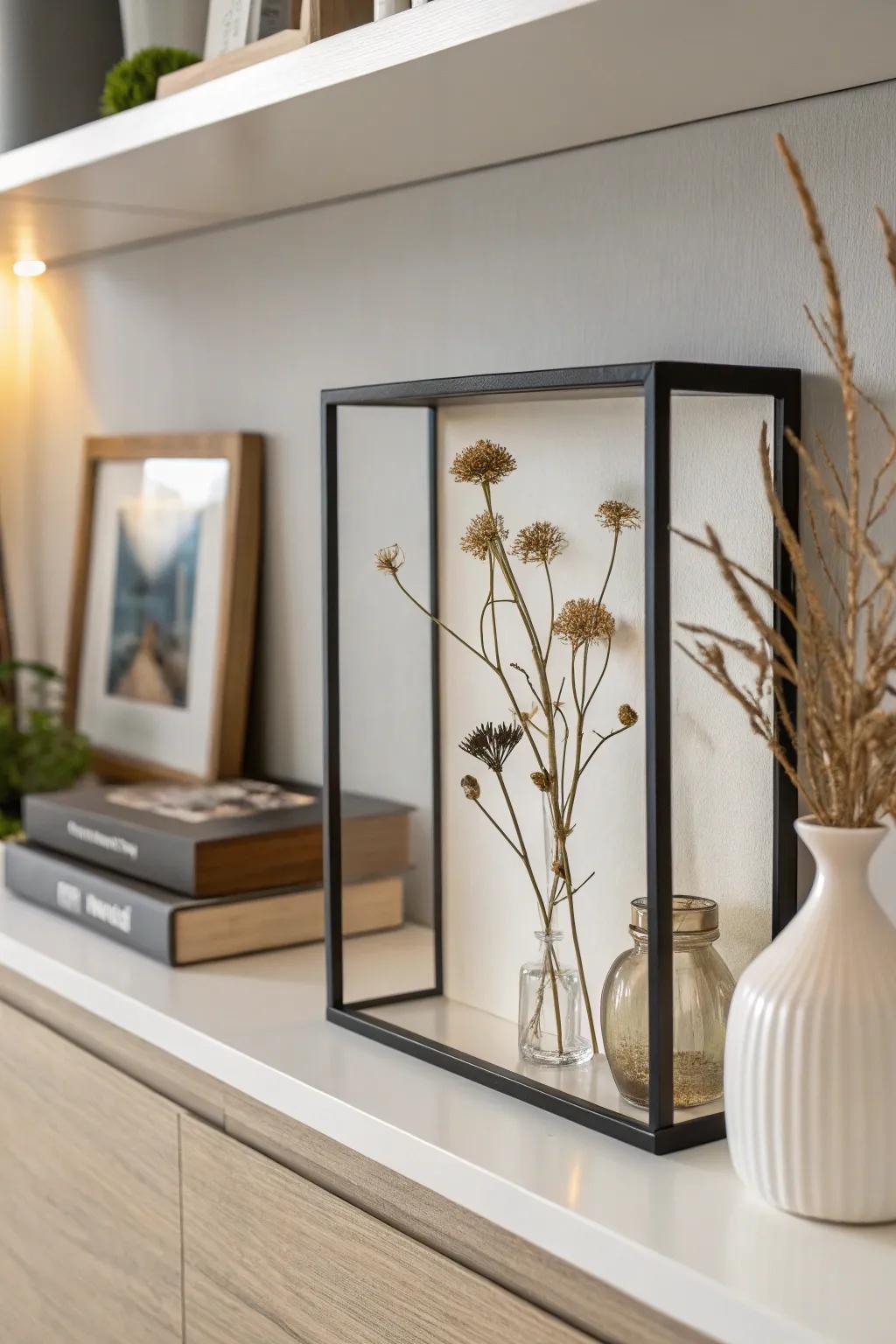 Embrace simplicity through a minimalist dried flower display case.